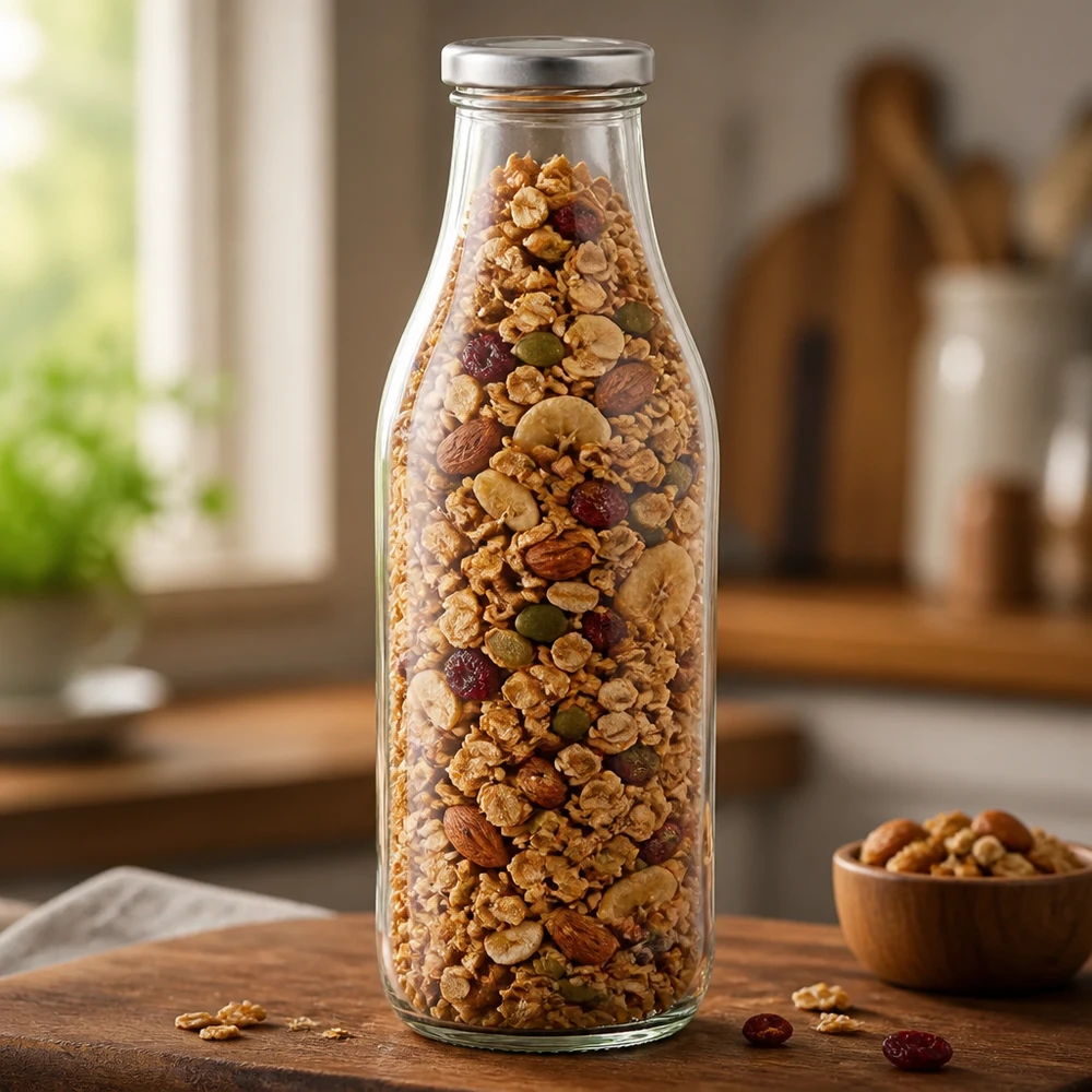 1000ml glazen fles BasicSeal zilver gevuld met muesli noten en gedroogd fruit Opbergen in de keuken