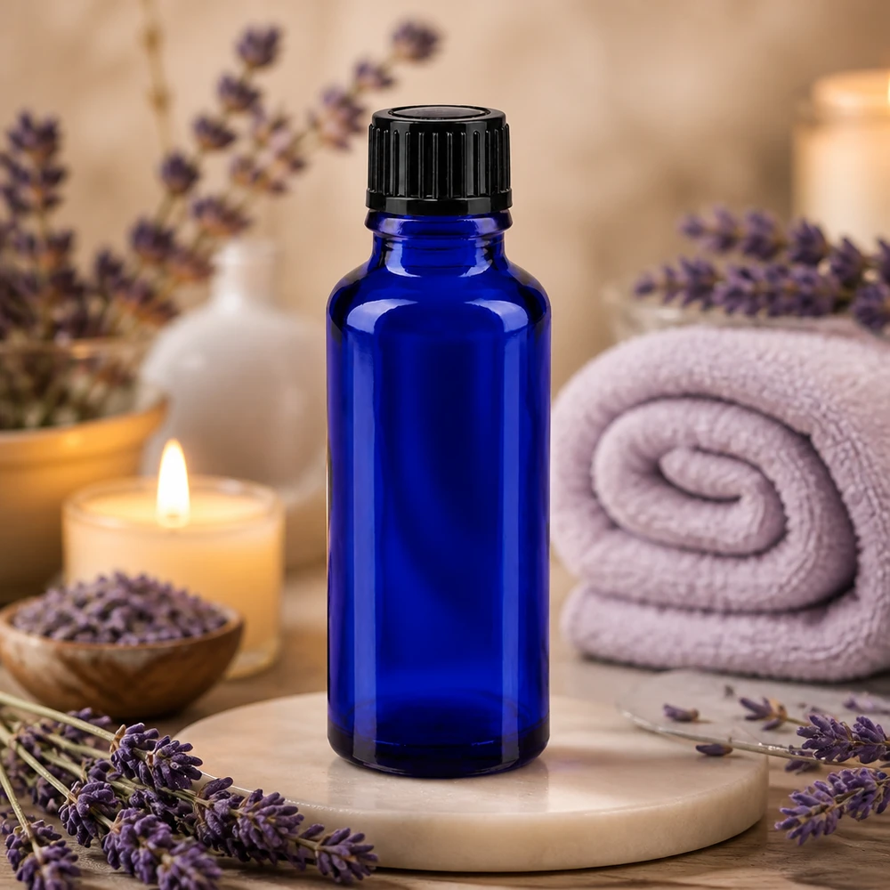 Kleine blauwe fles van 30 ml van UV-bestendig glas met een zwarte druppelaar voor aromatherapie
