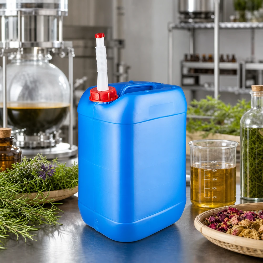 Blauwe jerrycan van 25 liter met uitloop voor het veilig afvullen van kruidenextracten