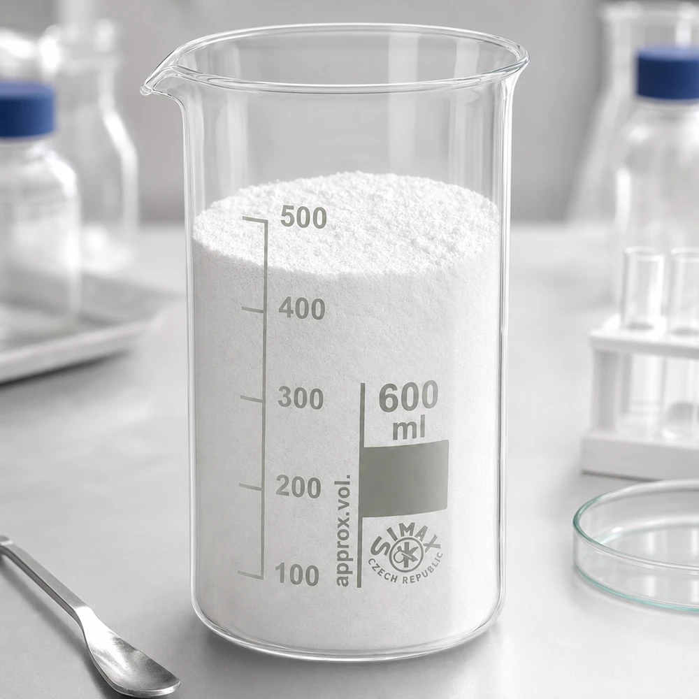 Hoog bekerglas, vorm 600 ml, van helder borosilicaatglas, gevuld met korrelig wit laboratoriumpoeder
