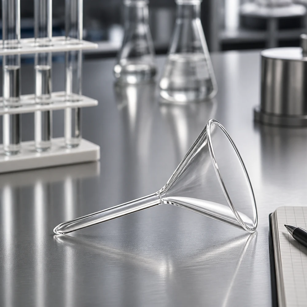 Korte laboratoriumtrechter van borosilicaatglas met een diameter van 55 mm voor nauwkeurig decanteren
