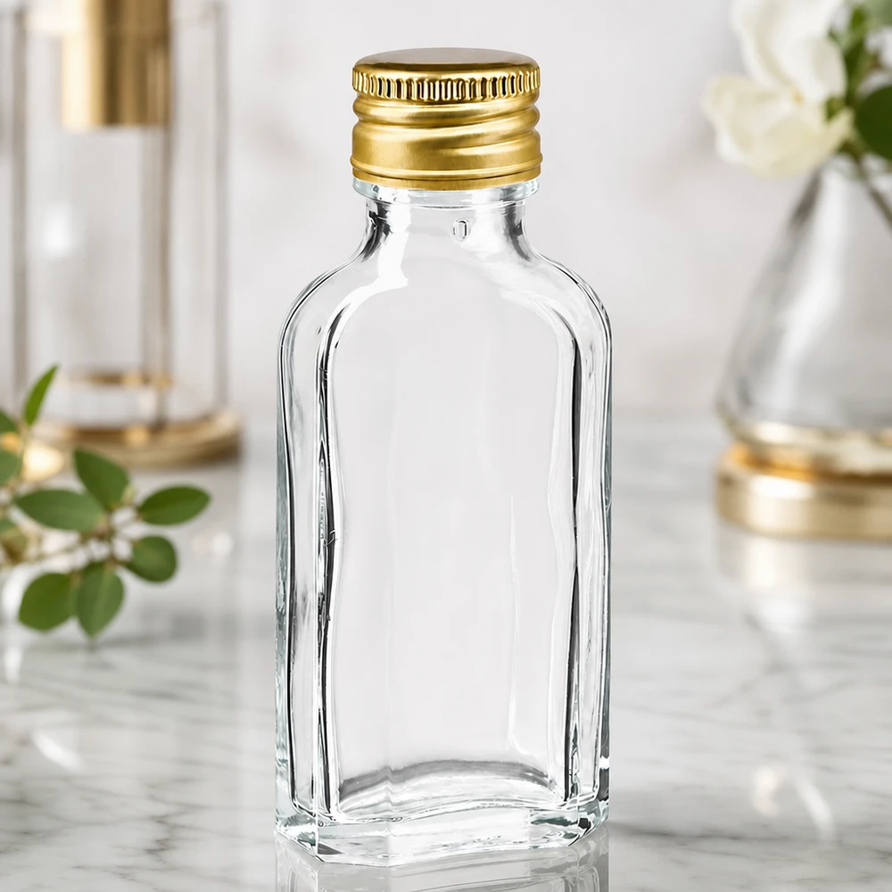 Meplat-flesje van 50 ml van helder glas met een gouden PP22-dop, als huwelijksbedankje voor de gasten
