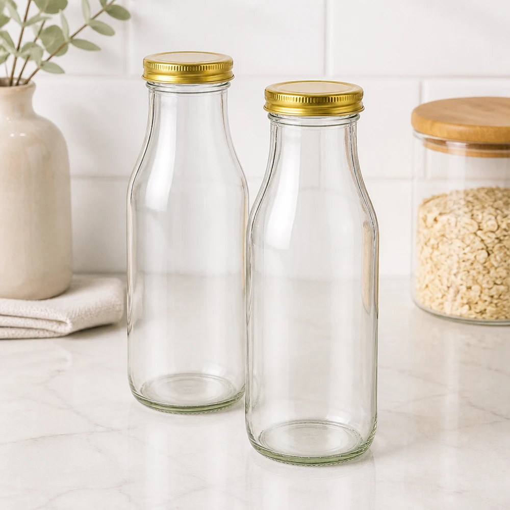 Twee UNiTWIST Bottle263 glazen flessen met gouden TO43 BioSeal deksels in een moderne keuken naast een voorraadpot havermout