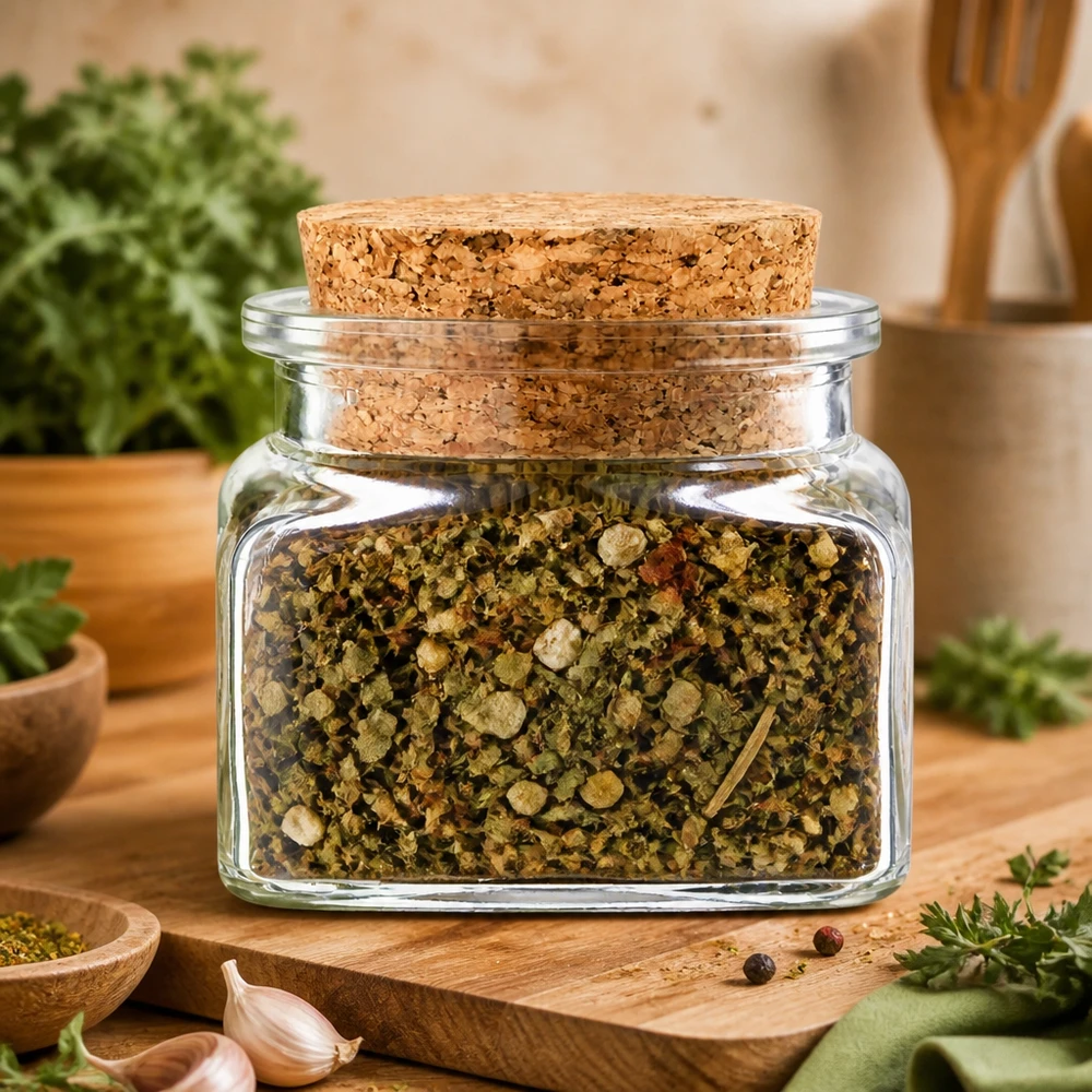 Idee voor een glazen kruidenpotje: Vierkant 120 ml helder inclusief kurk Doorzichtig vierkant kruidenpotje van 120 ml met kurken dop, gevuld met grove kruiden