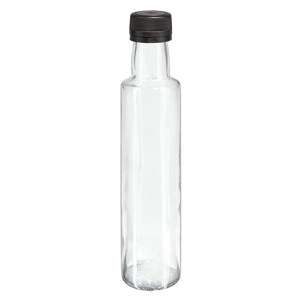 250 ml likeurfles rond helder glas incl. schroefsluiting zwart (PP 31,5 mm) met uitgietring met garantiesluiting (OV) 250 ml likeurfles rond helder glas incl. schroefsluiting zwart (PP 31,5 mm) met uitgietring met garantiesluiting (OV)