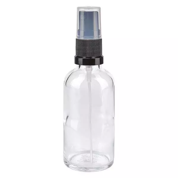 Helder glazen flessen 50ml met zwart pompverstuiver Helder glazen flessen 50ml met zwart pompverstuiver