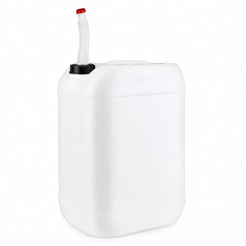 25l Jerrycan, UN-toelating, met aftapkraan flex Grote voorraadbak van 25 liter, gemaakt van stevig kunststof, met een zwarte schroefdop en een flexibele slang