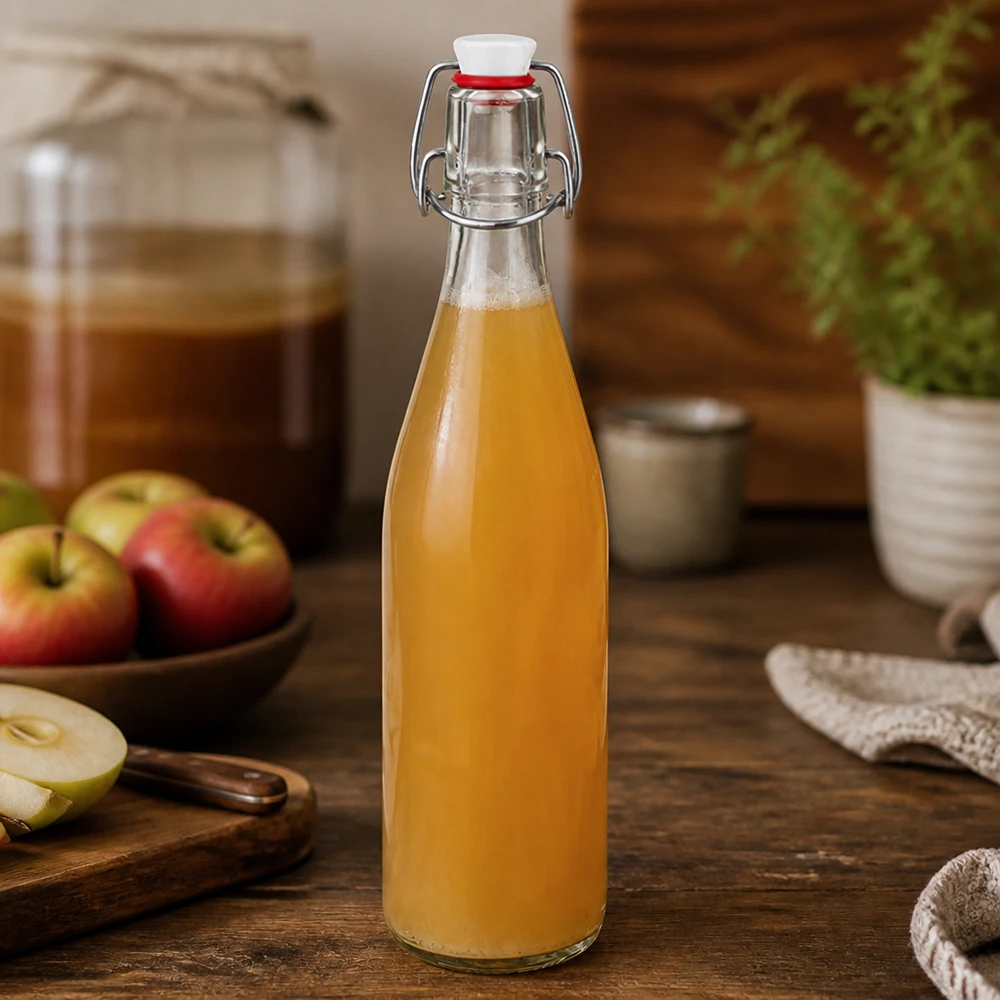 Glazen fles van 500 ml + porseleinen slingerdop UN... Glasflasche 500ml mit Bügelverschluss gefüllt mit Apfelsaft in rustikaler Küche neben frischen Äpfeln auf Holzbrett