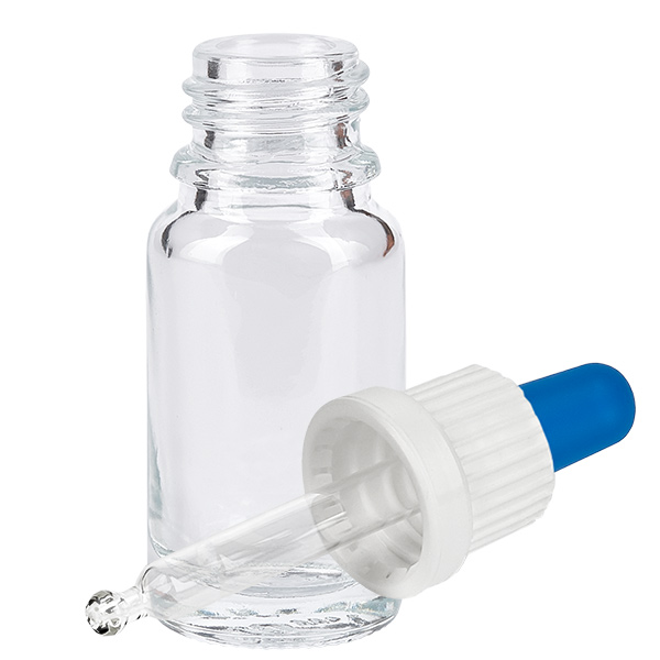 10ml pipetfles wit/blauw OV ClearL. UT18/10 Pipetflesje van helder glas, 10 ml, met witte druppelpipet en blauw rubberen bolletje, geopend