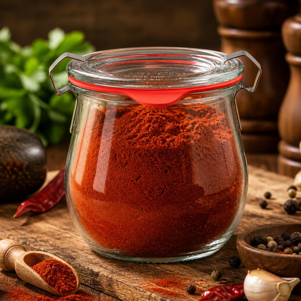Idee voor een glazen kruidenpotje: Glazen WECK tulpenglas 220 ml Compact WECK-glas van 220 ml voor het bewaren van kruiden, met rode paprikapoeder en een beugelsluiting
