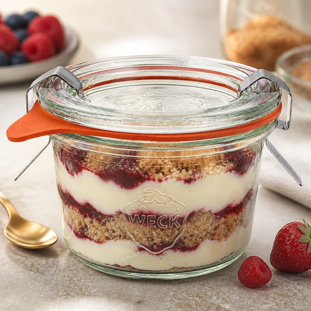 WECK bekers 80ml RR60 met gelaagd dessert Tiramisu toont veelzijdig gebruik voor desserts en portionering