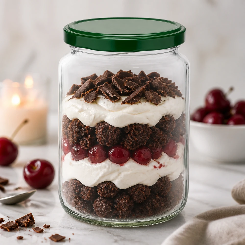 795ml UNiTWIST ronde pot met groen BasicSeal deksel gevuld met gelaagd dessert van chocolade, room en kersen