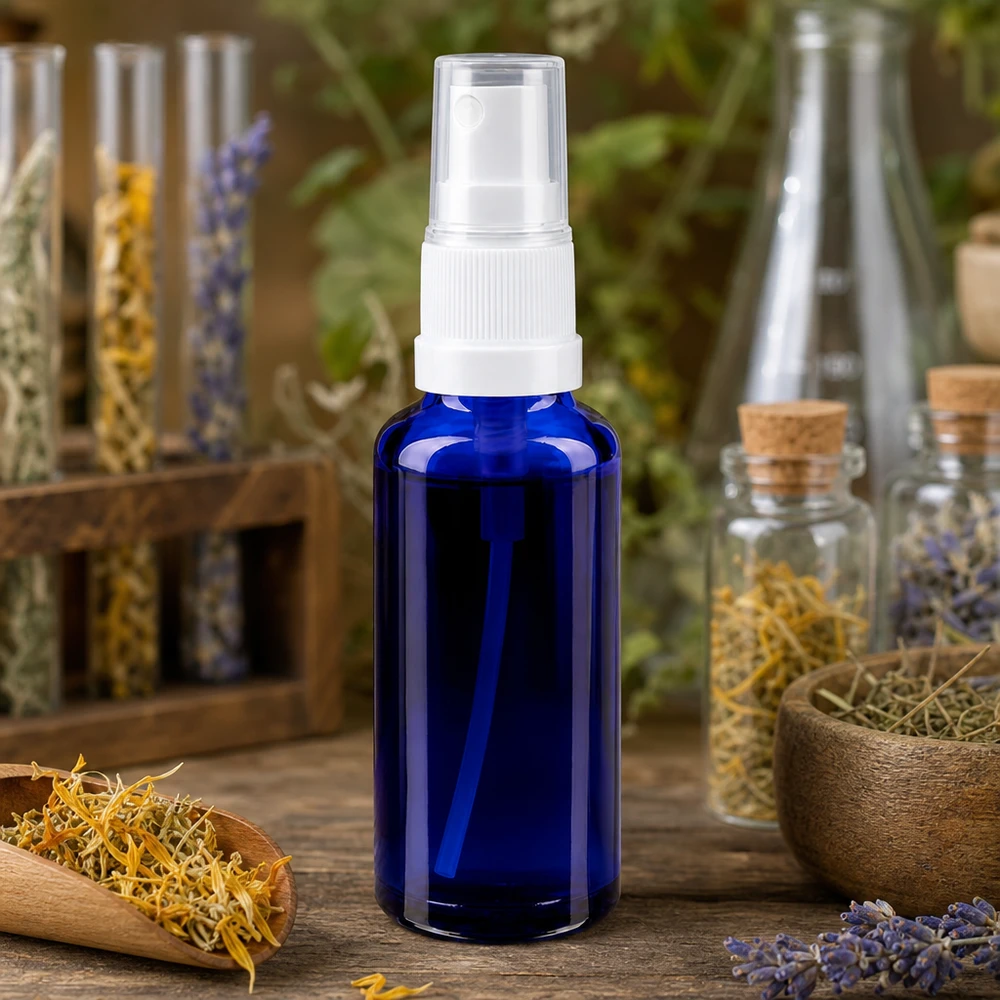 Blauwe glazen flessen 30ml met wit pompverstuiver Compacte glazen spuitfles van 30 ml in blauw met doorzichtige beschermdop voor etherische oliën en natuurlijke producten