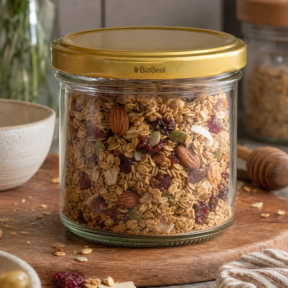 125ml bekers met BioSeal deksel goud UNiTWIST UNiTWIST 125ml Vorratsglas mit Müsli und Nüssen - goldener TO66 Deckel für luftdichte Aufbewahrung von Granola