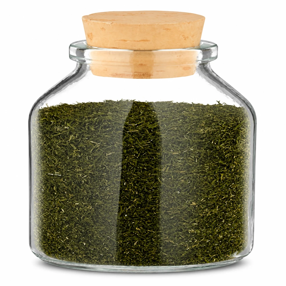 Kruidenpotje Round, transparant, 100 ml, met kurk 22/26, gevuld met groene thee