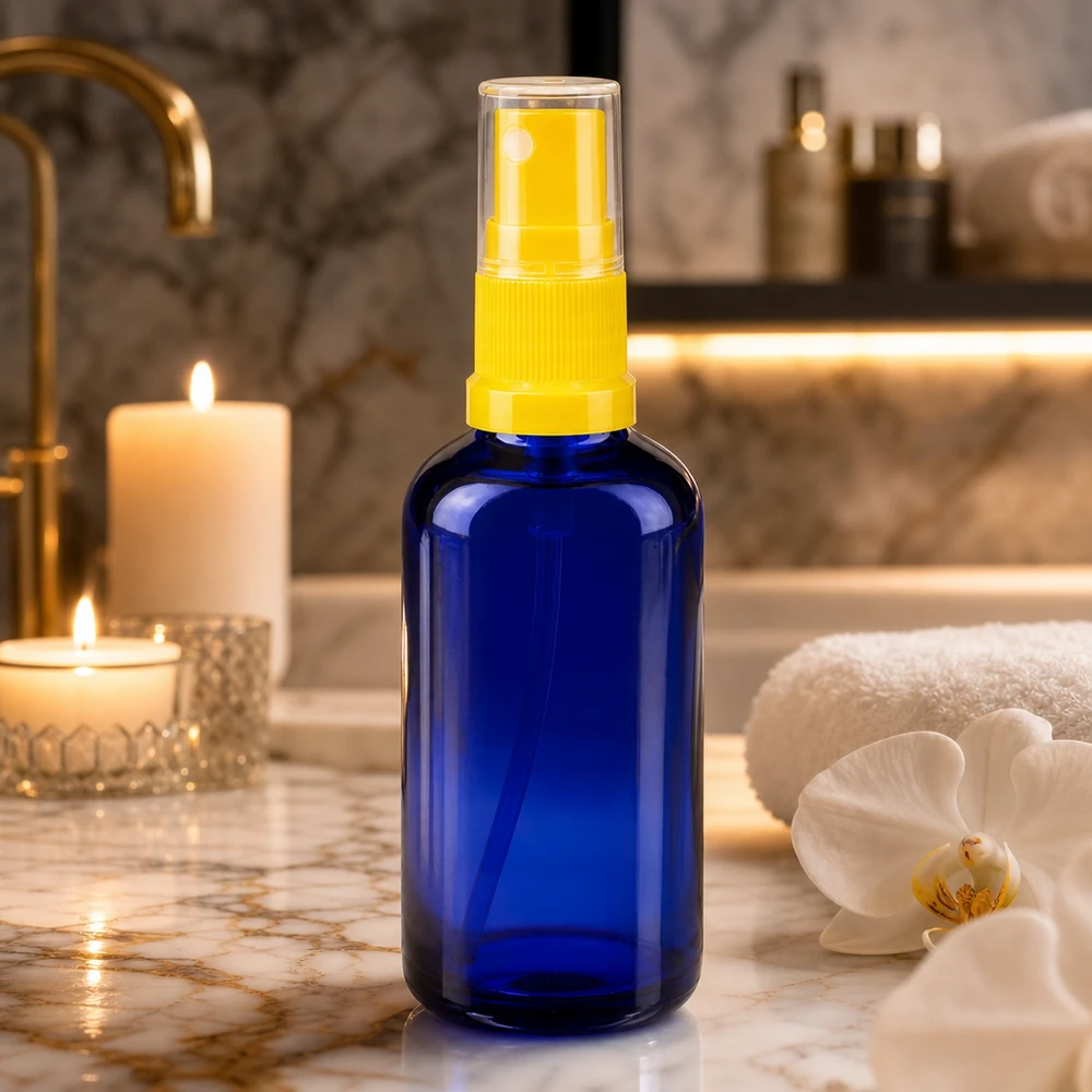 Blauwe glazen flessen 50ml met geel pompverstuiver Hoogwaardige blauwe glazen fles met lichtbescherming van 50 ml en verstuiver, in spa-sfeer