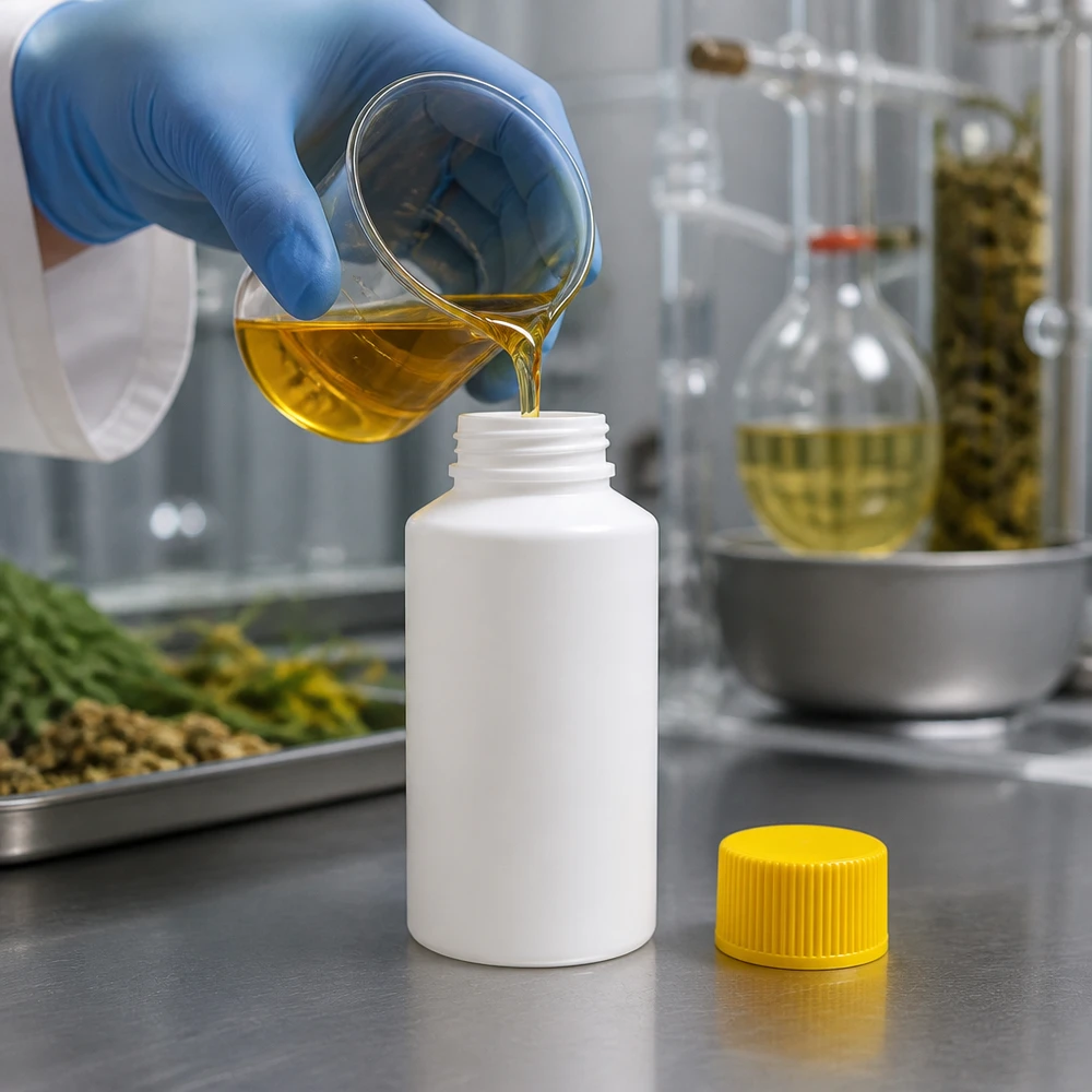 PET cilinderfles 50ml wit met schroefsluiting geel Farmaceutische afvulling in een witte HDPE-fles van 50 ml met gele dop – cannabisextract – laboratorium