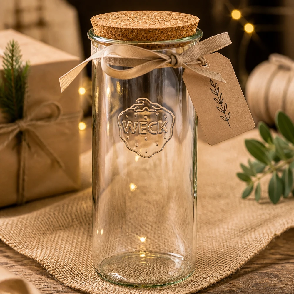 WECK bekers 1500ml RR100 leeg met kurk geschenkverpakking bruin lint label kerstdecoratie