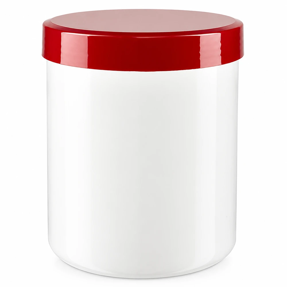 Zalfpot 500 g wit met rood schroefdeksel (PP) Lege zalfpot van 500 g, kunststof, wit en rood, voor cosmetica en apotheek