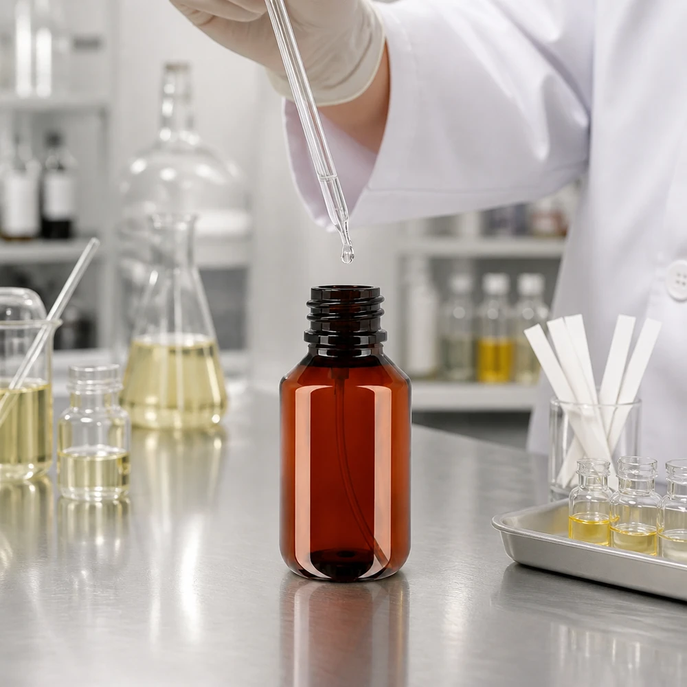 100 ml PET medicijnfles met verstuiver zwart GCMI 28/410 incl. dop transparant, standaard Handliche bernsteinfarbene 100ml Reiseflasche PET bruchsicher mit schwarzem Sprühaufsatz