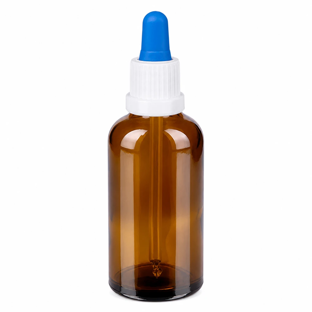 Pipetfles van 50 ml van amberkleurig glas met witte dop en blauw pipethulpstuk