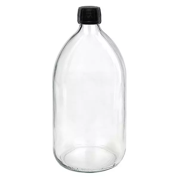 1000ml Euro-medicijnfles helder met zwarte schroefsluiting VR 1000ml Euro-medicijnfles helder met zwarte schroefsluiting VR