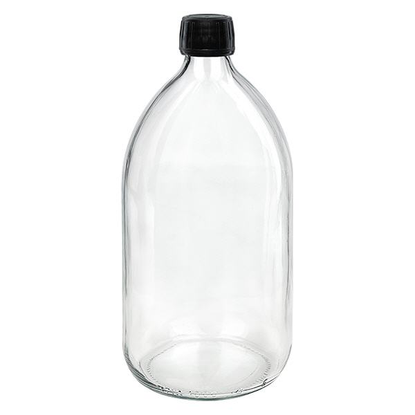 1000ml Euro-medicijnfles helder met zwarte schroefsluiting VR 1000ml Euro-medicijnfles helder met zwarte schroefsluiting VR