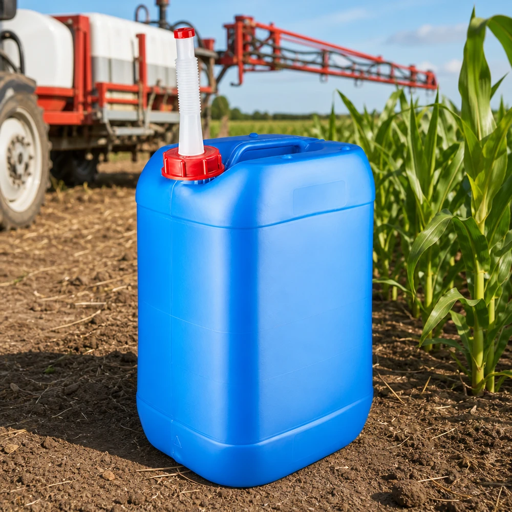 Canister 25 liter blauw met flexibele uitloop Voedselveilige vloeistofkan van 25 liter, blauw, met uitloopbuis voor onkruidverdelgers en meststoffen