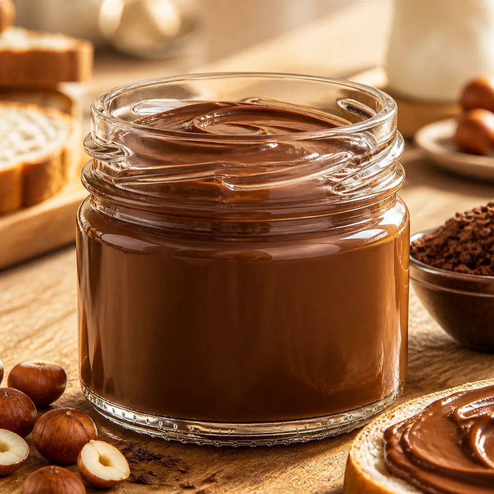 UNiTWIST Runda33 miniglas 33 ml TO43, een potje met chocoladecrème en hazelnoten om op brood te smeren