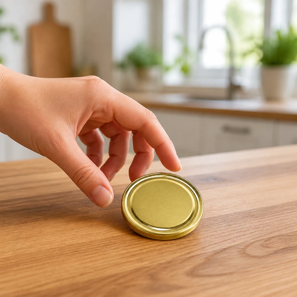 58 mm BasicSeal-deksel goud (TO58) UNiTWIST Gouden metalen deksel 58 mm BasicSeal TO58 UniTwist in een moderne keuken