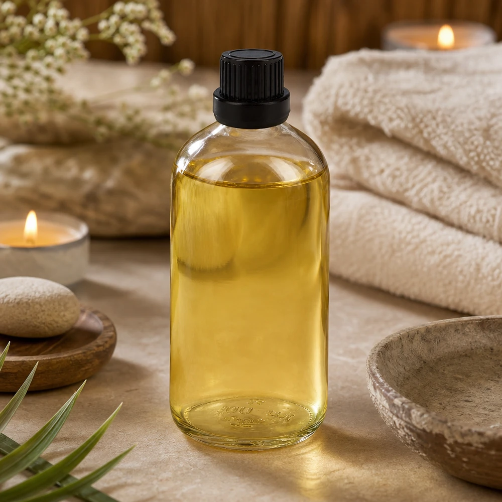Kleine glazen fles van 100 ml met zwarte druppelaar van 2 mm voor massageoliën ClearLine UT18