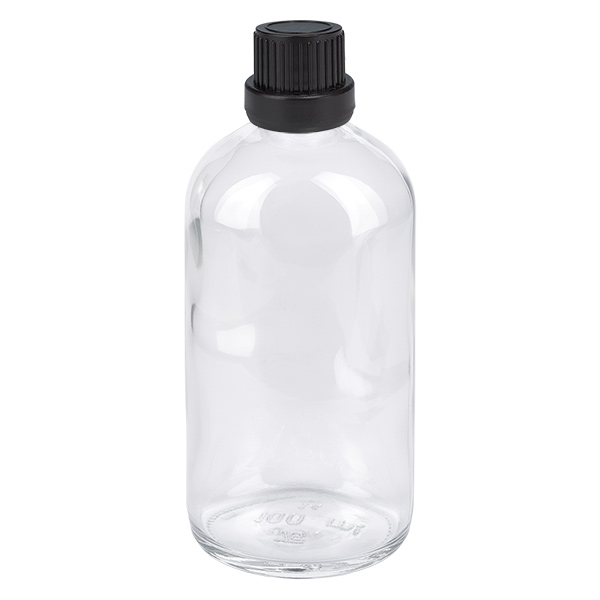 100ml druppelfles 2mm zwart OV ClearLine UT18/100 Druppelfles van 100 ml van helder glas met zwarte verzegeling, ClearLine-serie UT18