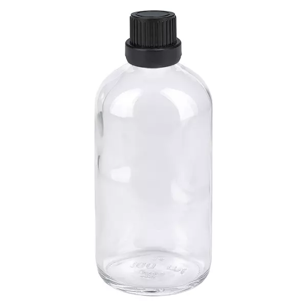 Druppelfles van 100 ml van helder glas met zwarte verzegeling, ClearLine-serie UT18