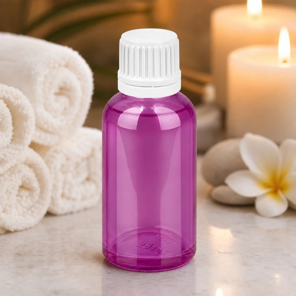Praktische glazen fles van 30 ml in Purple Line-look met veilig wit sluitsysteem