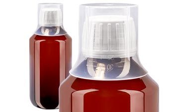 Bruine PET medicijnfles met witte dop + maatbeker